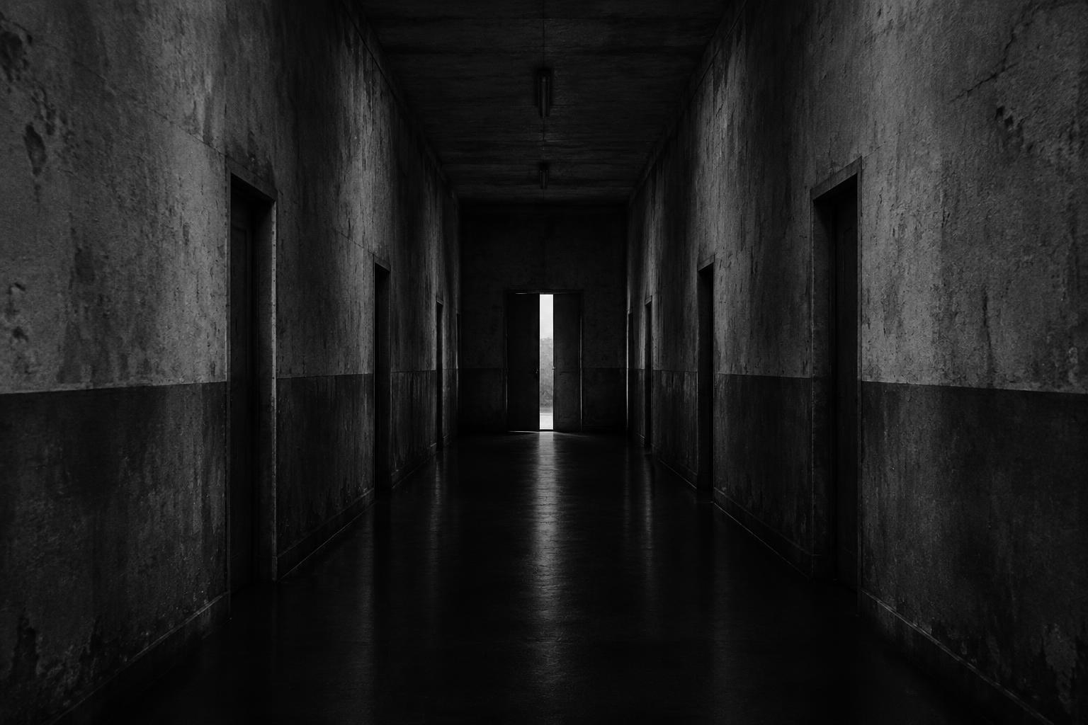 An empty corridor ending at a slightly open door